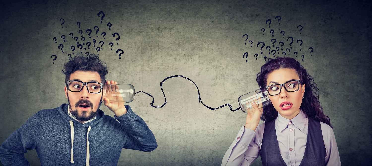 Two people talking to each other through string phone but not understanding each other